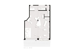 Clean and well-organized living room floor plan with modern furniture arrangement and natural lighting