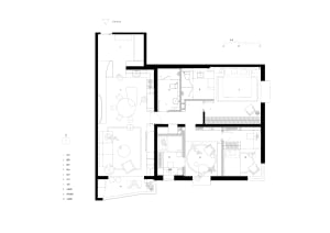 Black and white floor plan of a modern residential space with wood accents, showing a living room, dining room, and kitchen