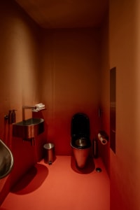 Bathroom with a black toilet, sink, and trash can, set against a bold red wall in a dimly lit space