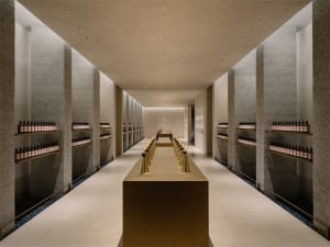 A clean and well-lit retail space with a long counter lined with neatly arranged glass bottles, creating an inviting atmosphere for customers