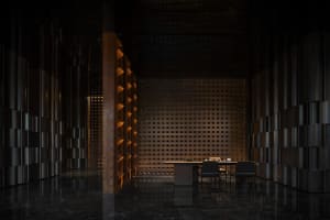 A cozy study or living area with a wooden floor, a dining table, and a bookshelf filled with books, creating a warm and inviting atmosphere