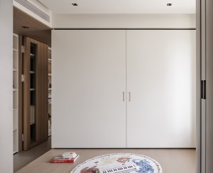 A minimalist room with a white door, a white cabinet, and a rug, lit by natural light