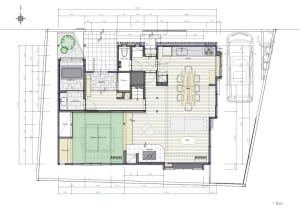 Black and white floor plan of a house with a living room, kitchen, and dining room, featuring a staircase and predominantly wood materials