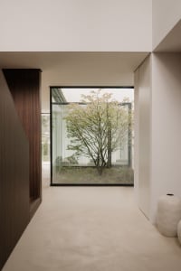 A living room with a couch, chair, and wooden floor, featuring a large glass window with a tree outside, allowing natural light to enter and creating a bright and welcoming atmosphere
