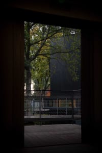 A black house with a deck and tree in front, set in a calm residential area