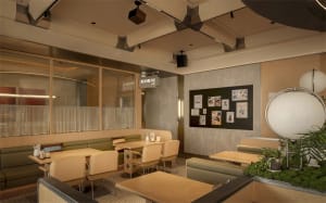A modern restaurant with a large dining area featuring multiple seating options, wood and glass materials, and natural light from windows