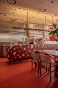 A modern restaurant dining area with a red table and chairs, surrounded by potted plants, warm lighting, and natural light from windows