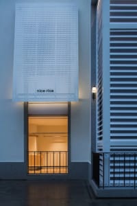 A calm and inviting building with a white exterior, black door, and a sign reading Nice Rice, photographed at night with contrasting lighting