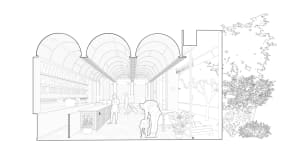 Inviting dining space with an arched ceiling, a dining table, and potted plants, featuring a couple and a dog