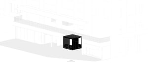 A dimly lit modern building with a central black room, surrounded by concrete walls and a minimalist aesthetic