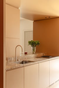 Modern kitchen with a marble countertop, a brown wall, a metal sink, a glass vase, and a potted plant, with soft and warm lighting