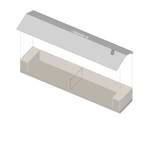 2D top-down schematic of a restaurant with a covered outdoor seating area, featuring benches and dining tables, with a clean and organized style and durable materials