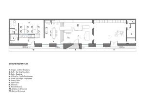 2D top-down floor plan of a commercial restaurant with modern design, featuring a kitchen, dining area, and other functional spaces