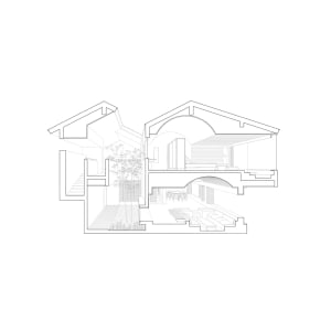 Black and white architectural section drawing of a two-story modern courtyard house showing interior spatial relationships, central planted courtyard, living areas, dining space, and roof forms.