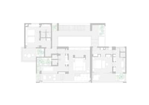 White floor plan of a modern house with open spaces, minimalist aesthetic, and clear labels and measurements