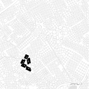 Black and white floor plan of a modern building with open layout, rooms, and dim lighting