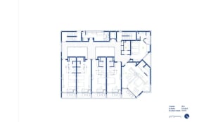 Top-down blueprint of a modern building with concrete construction, featuring a multi-story layout with various rooms and hallways, dim lighting, and linework, labels, and measurements