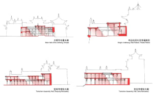 Black and white architectural drawings of a temple with a pagoda, showcasing different perspectives and linework, labels, and measurements