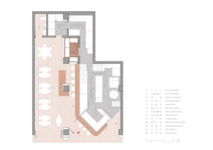 2D top-down floor plan of a modern hotel space with a combination of kitchen, dining, and living areas, featuring white surfaces and natural lighting