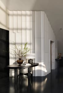 A modern dining area with a black table and a vase, surrounded by a large white wall and a doorway, with natural light streaming in