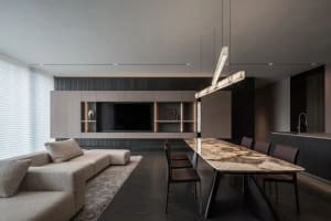 Modern living room with a couch, chair, TV, dining table, and chairs, decorated with various furniture pieces and a TV mounted on the wall, featuring wood and glass materials