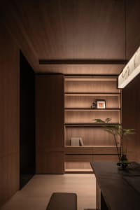 A well-lit room with wooden walls, a wooden bookshelf filled with books, and a potted plant on the floor