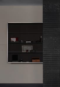 A study or living area with a black and white color scheme, featuring a wooden bookshelf with books and a clock, and a focus on organization and functionality