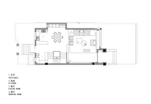 2D floor plan of a modern house with white walls, grey accents, and natural lighting from windows