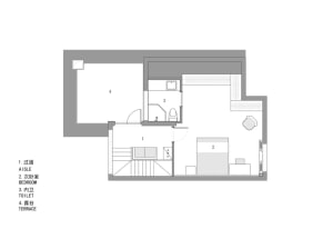 2D floor plan of a modern house with white walls, wooden floor, and labeled rooms including kitchen, living room, and bathroom