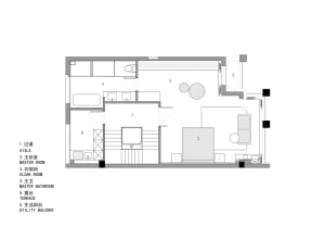 Black and white floor plan of a modern house with a well-organized layout, clean lines, and minimalistic design