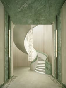 A rendered image of a spiral staircase in a modern hallway with marble surfaces, surrounded by a sophisticated and elegant space