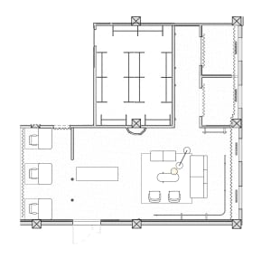 White floor plan of a modern house with a living room, kitchen, and dining room, featuring clean lines and minimal decoration