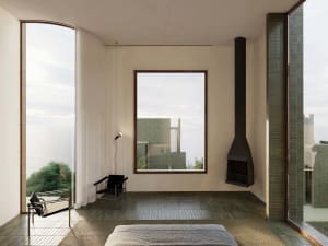 Cozy modern living room with a bed, chair, and couch, decorated with a fireplace, and natural light from windows