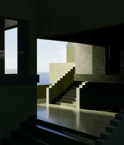 A stone staircase in a serene and inviting space with a view of the ocean in the background