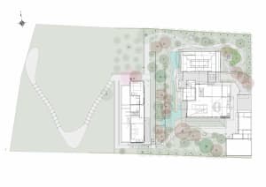 Black line drawing of a modern house floor plan with rooms labeled and dimensions shown