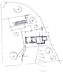 Black and white drawing of a simple open plan interior with a dining table and chairs and a smaller room with a couch