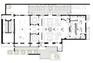 A well-organized floor plan of a large open space with multiple tables and chairs, designed for dining and socializing, with clear labels and measurements