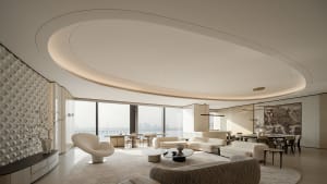 Modern luxury living room featuring a dramatic curved cove ceiling, textured white wall art, cream modular sofas, and large floor-to-ceiling windows with harbor view.