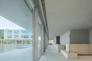 Modern minimalist indoor corridor overlooking a large reflecting pool with concrete walls and travertine accents