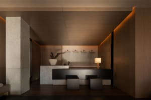 Modern minimalist hotel reception area featuring a terrazzo counter, dark wood stools, integrated warm lighting, and floating wooden shelves against a textured stone wall.