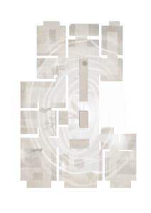 Monochrome abstract floor plan collage featuring fragmented architectural layouts overlaid with swirling textured patterns and geometric shapes.