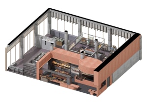 3D architectural rendering of a modern supermarket interior with terracotta brick walls, concrete structural elements, and a prominent curved bakery counter filled with fresh bread.