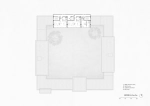 Black and white technical floor plan of a modern U-shaped courtyard residence on the 4th floor, featuring an elevator lobby, corridors, double rooms, and suites arranged around a large open courtyard with trees.