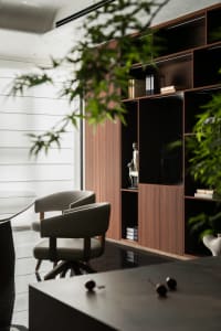 Modern dining area featuring two beige upholstered swivel chairs, a dark dining table, and a tall walnut built-in shelving unit displaying art objects, with lush green plants in the foreground.