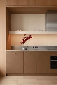Modern minimalist kitchen featuring warm oak cabinetry, stainless steel countertop and backsplash, floating shelf with under-lighting, and a glass vase with red dried leaves.