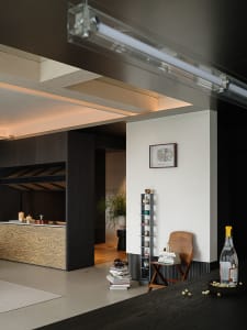 Modern living room interior featuring a large wood grain patterned cabinet, dark wood ceiling with recessed lighting, a wooden folding chair, tall shelving unit, and stacked books.