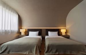 Modern minimalist bedroom with two single beds, dark fabric headboards, taupe bedding, and a distinctive curved plaster ceiling with warm ambient lighting.