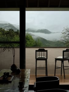 Interior view of a minimalist tea room featuring dark wooden bar stools, a live-edge wooden table, potted plants, and a large picture window overlooking misty green mountains.
