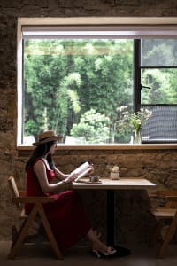 A woman in a red dress and straw hat sits on a wooden chair reading a book at a light-wood table in front of a large window with exposed brick walls and a view of green trees outside.