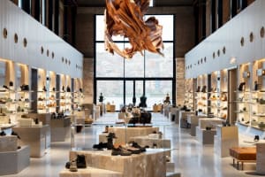 Modern shoe store interior with white marble display platforms, recessed wall shelving, polished concrete floor, and a large abstract copper chandelier hanging in the center.